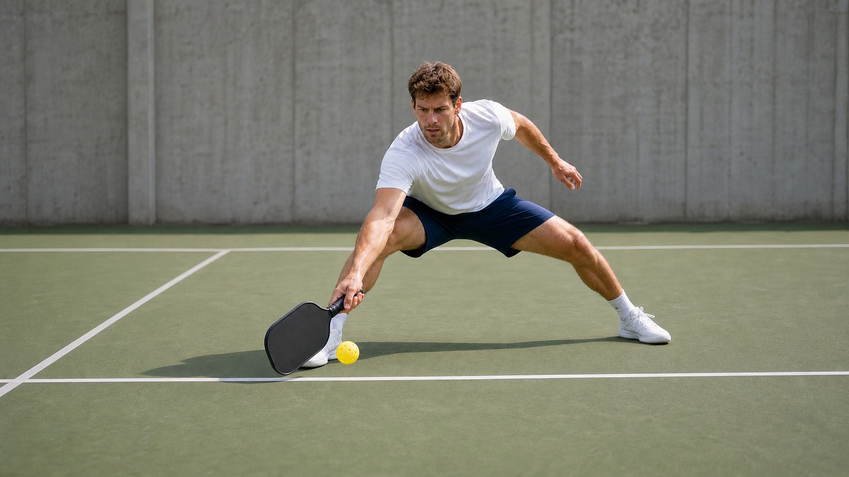 Player stretching wide for a shot on an outdoor pickleball court