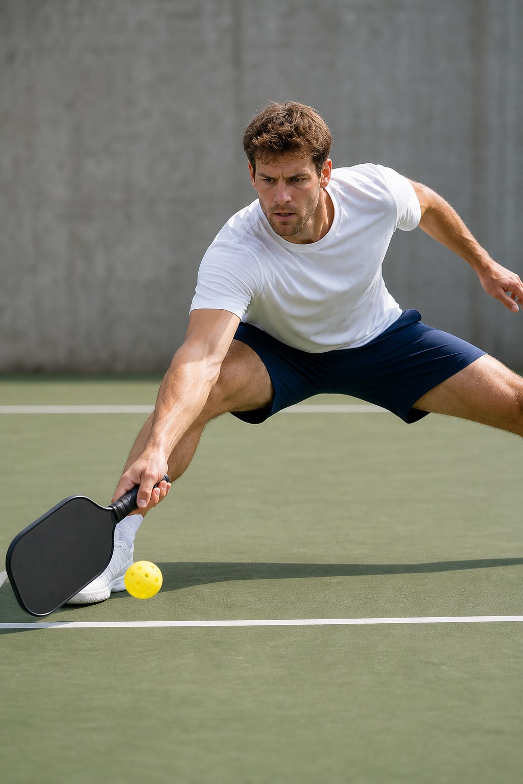 Player stretching wide for a shot on an outdoor pickleball court