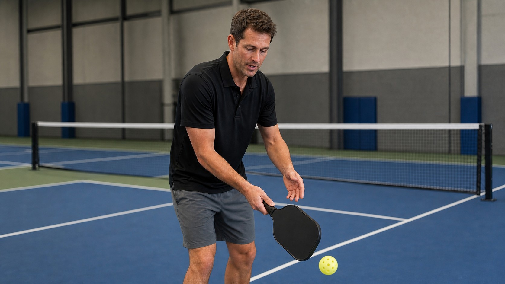 Coach demonstrating a soft dink shot on an indoor pickleball court