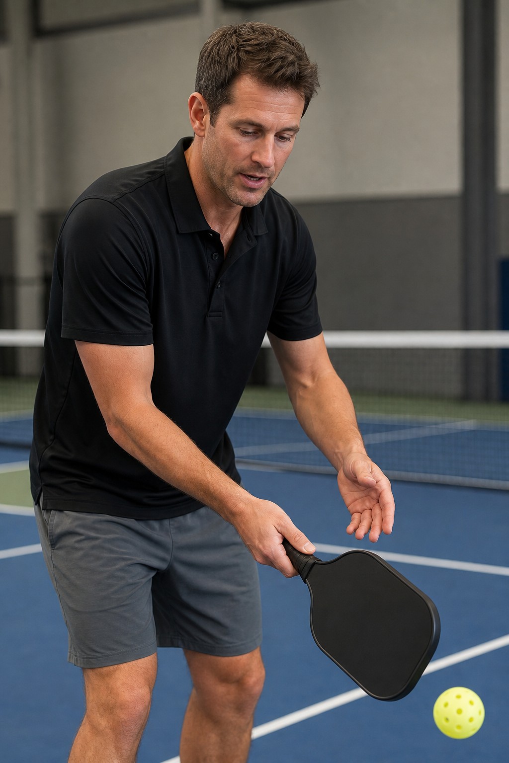 Player following through on an indoor pickleball court