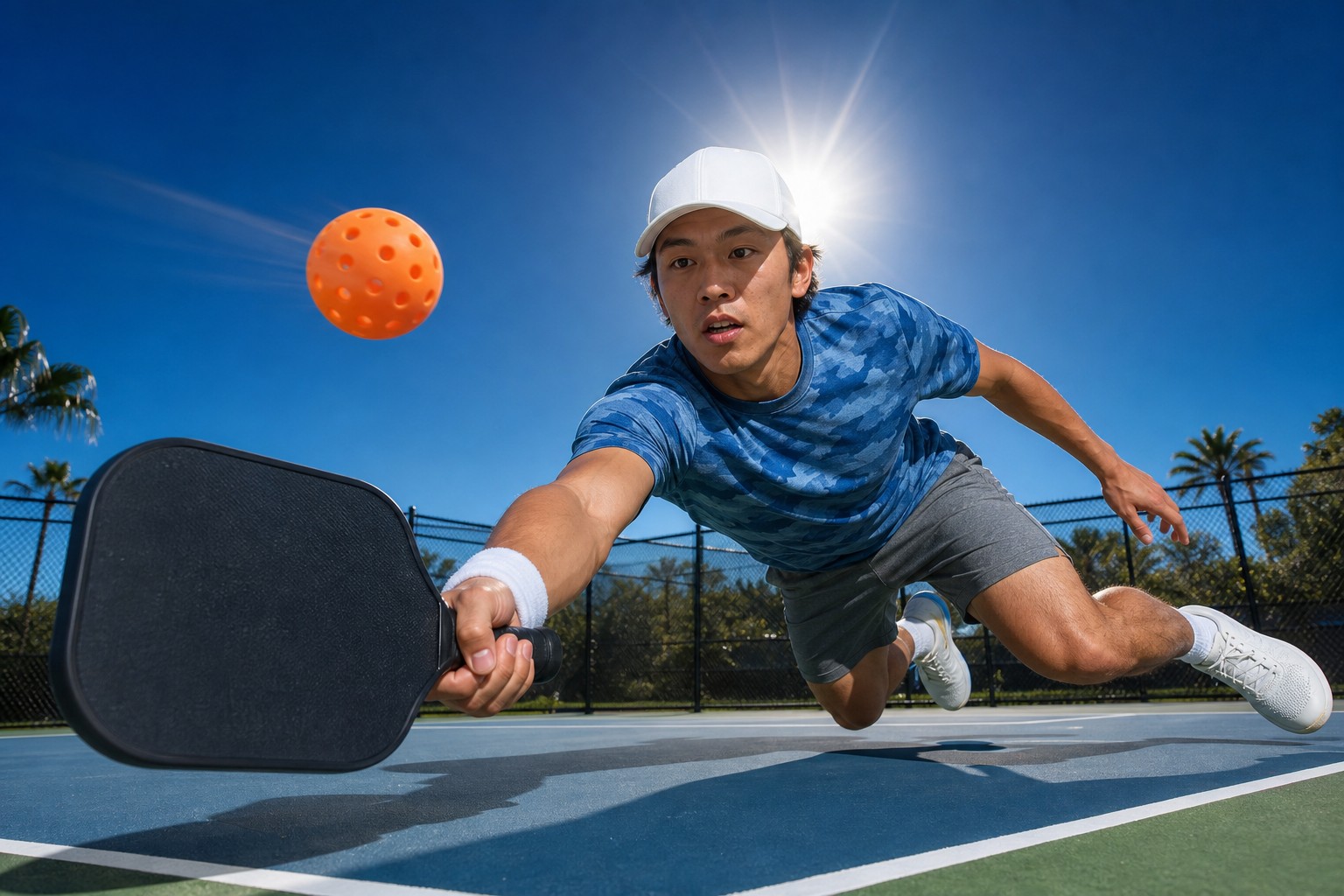 Player diving to reach a low pickleball shot on an outdoor court